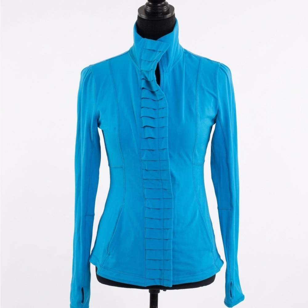 Teal Zip Up Ruffled Athleisure Jacket, Pockets, Back Pleats, Thumb Holes